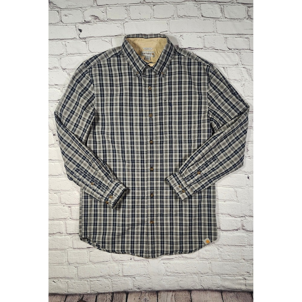 Vintage Carhartt Men Relaxed Fit Plaid Button Down Shirt Navy Size M